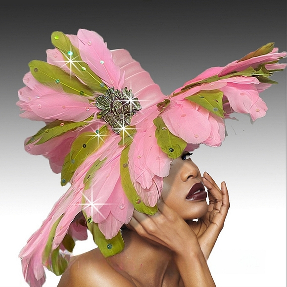 Exquisitely Stunning Pink Green Couture Feathered Rhinestone Embellished…